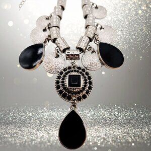 Silver Tone Black Statement Necklace with Medallion and Teardrop Pendant